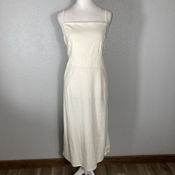 wild fable Dresses & Skirts - Womens Midi Slip Dress 17 Cream Linen Lace Tie Corset Coastal Cottage Milkmaid